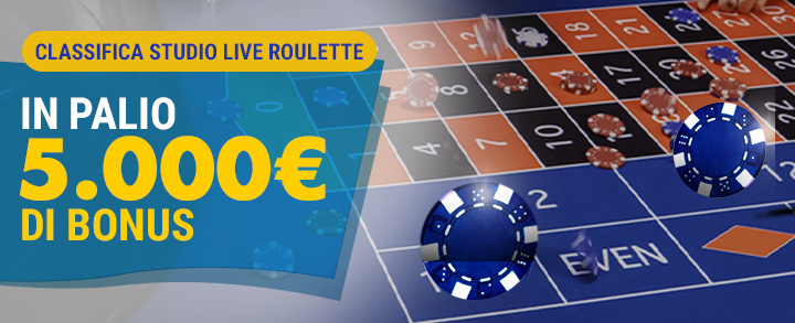 5.000€ di bonus in palio alla Studio Live Roulette: ad ogni spin puoi accumulare punti, scalare la classifica e aggiudicarti i premi in palio