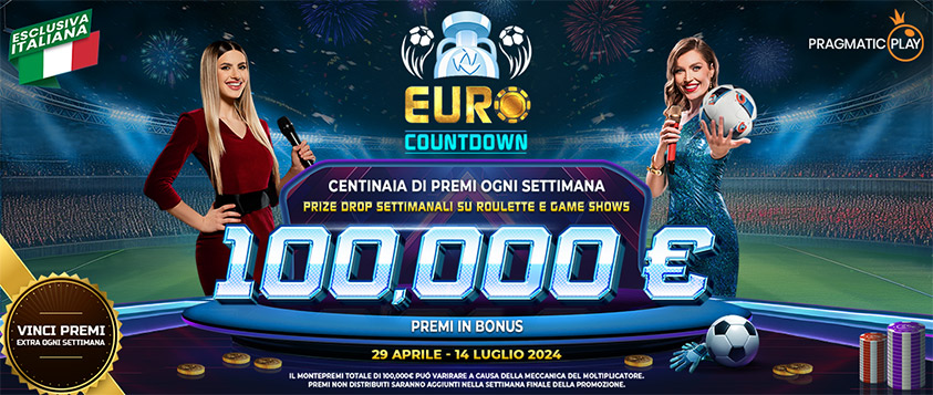 100.000€ di montepremi con la promo di network Euro Countdown del Casinò Pragmatic Play Live attiva sui tavoli del Casinò Live selezionati.