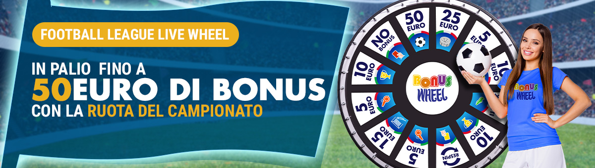 Con Studio Live Football League Live Wheel è possibile giocare ai nuovi tavoli esclusivi di Studio Live e vincere fino a 50€ di bonus grazie alla speciale Ruota dei Bonus dedicata al Campionato di calcio di Serie A!