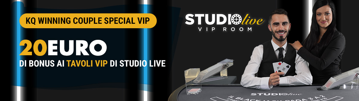 I tavoli esclusivi di Studio Live BJ VIP e Studio Live 21 VIP dalle 20 alle 22 mettono in palio un bonus di 20€ per chi riceve come mano di partenza K e Q dello stesso seme!