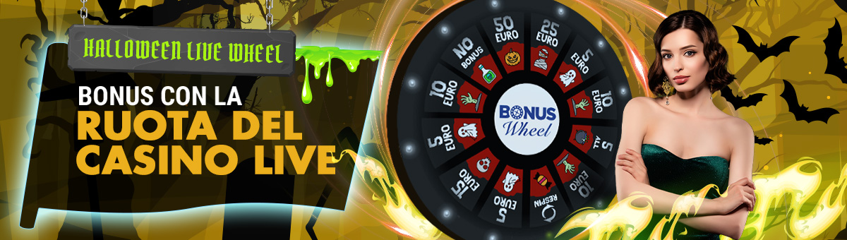 Con Halloween Live Wheel, è possibile giocare ai nuovi tavoli esclusivi di Studio Live Studio Live Blackjack Italia e Studio Live Blackjack Italia 10 e vincere fino a 50€ di bonus grazie alla speciale Ruota dei Bonus.