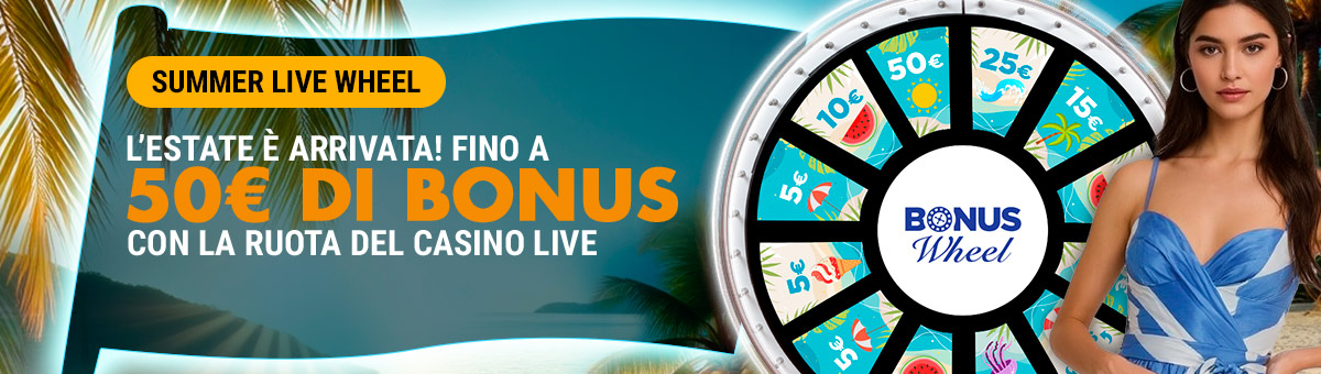 Prova a vincere fino a 50€ di bonus grazie alla speciale Ruota dei Bonus con la Summer Live Wheel! Gioca ai tavoli esclusivi di Studio Live Blackjack Italia e Studio Live Blackjack Italia 10 e tenta la fortuna!