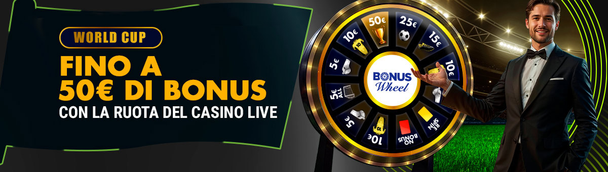 Prova a vincere fino a 50€ di bonus grazie alla speciale Ruota dei Bonus con la World Cup Bonus Wheel! Gioca ai tavoli esclusivi di Studio Live Bet Stacker BJ e Studio Live Blackjack Italia 10 e tenta la fortuna!
