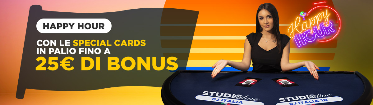 Con Studio Live Happy Hour in palio fino a 25€ di bonus ai tavoli esclusivi di  Studio Live Blackjack Italia 10 e Studio Live Bet Stacker BJ