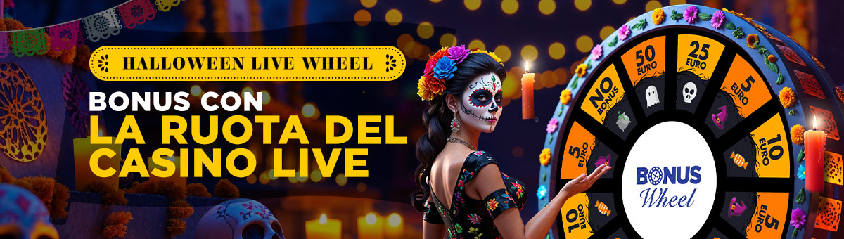 Prova a vincere fino a 50€ di bonus grazie alla speciale Ruota Bonus di Halloween! Gioca ai tavoli esclusivi di Studio Live Bet Stacker BJ e Studio Live Blackjack Italia 10 e tenta la fortuna!