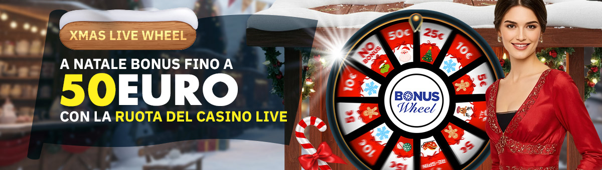 Con la XMAS Live Wheel, è possibile giocare ai nuovi tavoli esclusivi di  Sudio Live Bet Stacker BJ e Studio Live Blackjack Italia 10e vincere fino a 50€ di bonus grazie alla speciale Ruota dei Bonus.