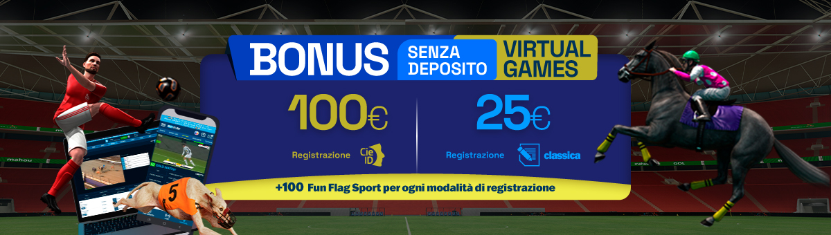 Registrati su BetFlag e ricevi 100€ di bonus senza deposito Virtual Games e 100 Fun Flag Sport! Cosa aspetti??