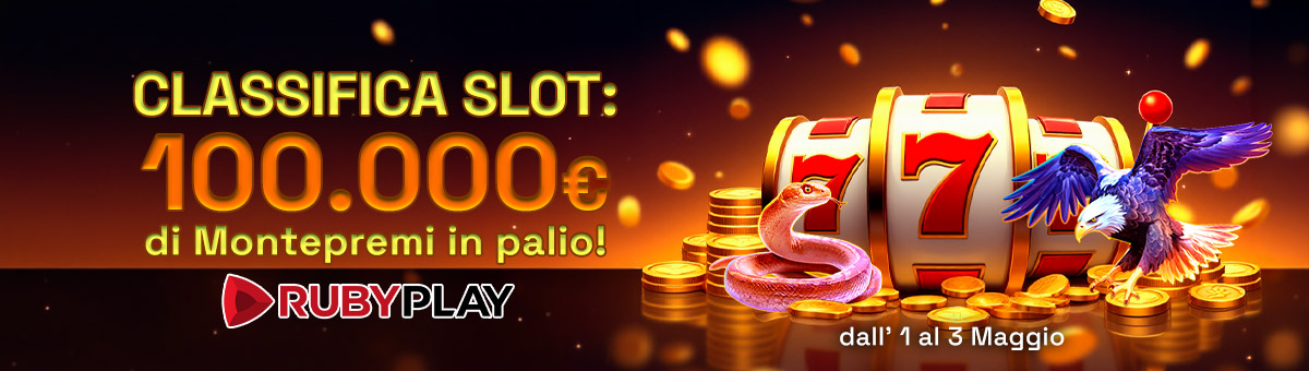 Le slot Rubyplay concorrono al raggiungimento della vetta! Scopri la classifica e punta ai 100.000€ di montepremi in palio!