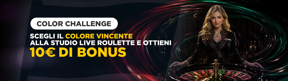 E' arrivata la nuova promo Color Challenge! Ai tavoli della Studio Live Roulette è possibile ricevere fino a 10€ di Bonus scommettendo sullo stesso colore per 3 spin consecutivi!