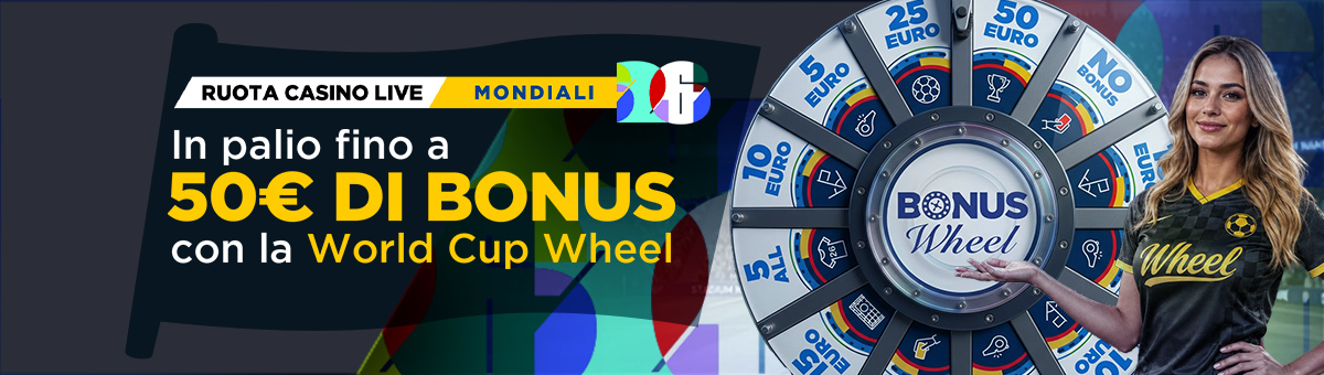 Con Studio Live World Cup Live Wheel è possibile giocare ai nuovi tavoli esclusivi di Studio Live e vincere fino a 50€ di bonus grazie alla speciale Ruota dei Bonus dedicata ai mondiali!