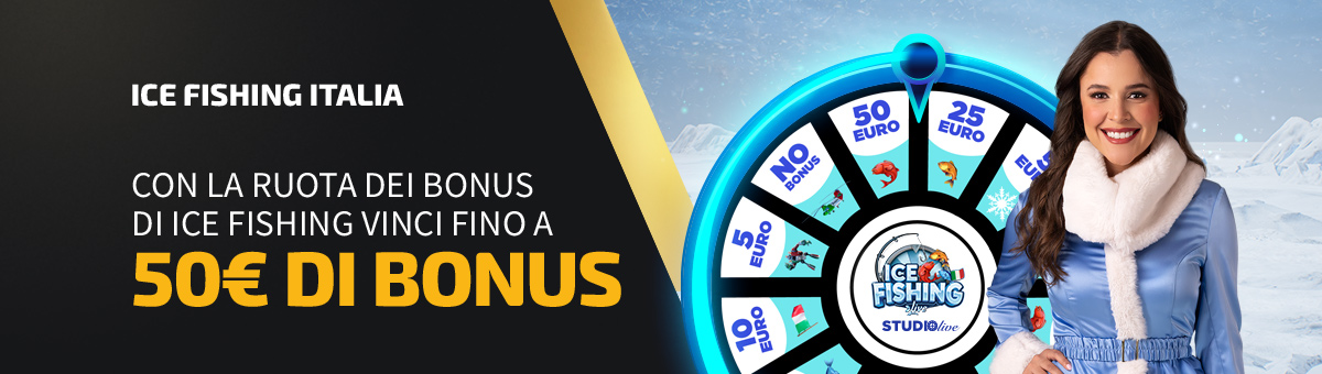 Con Studio Live Ice Fishing Italia Live Wheel è possibile giocare ai tavoli esclusivi di Studio Live e vincere fino a 50€ di bonus grazie alla speciale Ruota dei Bonus dedicata all'arrivo dell' Ice Fishing Italia!