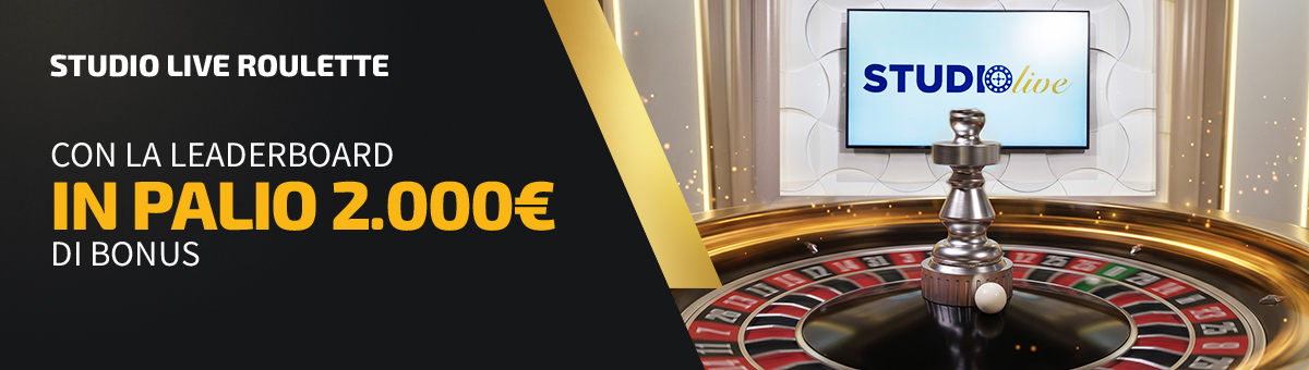 2.000€ di bonus in palio alla Studio Live Roulette: ad ogni spin puoi accumulare punti, scalare la classifica e aggiudicarti i premi in palio!