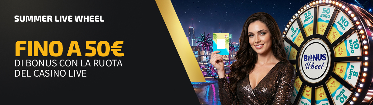 Prova a vincere fino a 50€ di bonus grazie alla speciale Ruota dei Bonus con la Summer Live Wheel! Gioca ai tavoli esclusivi di Studio Live Bet Stacker BJ e Studio Live Blackjack Italia 10 e tenta la fortuna!