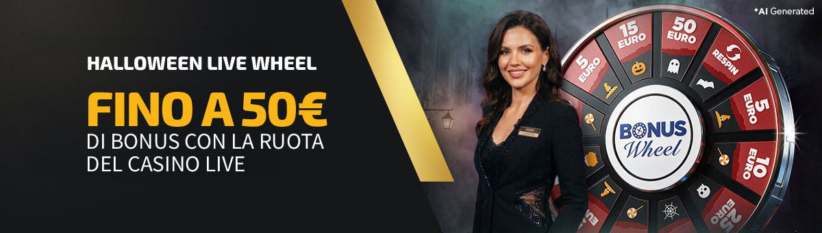 Con Halloween Live Wheel, è possibile giocare ai tavoli esclusivi di Studio Live Bet Stacker BJ e Studio Live Blackjack Italia 10 e vincere fino a 50€ di bonus grazie alla speciale Ruota dei Bonus di Halloween!