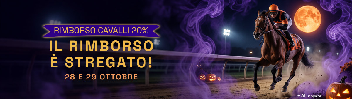 Il 28 e 29 ottobre puoi ottenere un rimborso del 20% sul GGR generato con saldo reale sulla sezione Cavalli, fino a 300€ in Bonus Cavalli Quota Fissa!