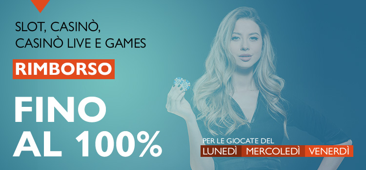 Ogni lunedì, mercoledì e venerdì bonus fino al 100% delle giocate non vincenti del Casinò, del Casinò Live e dei Games!